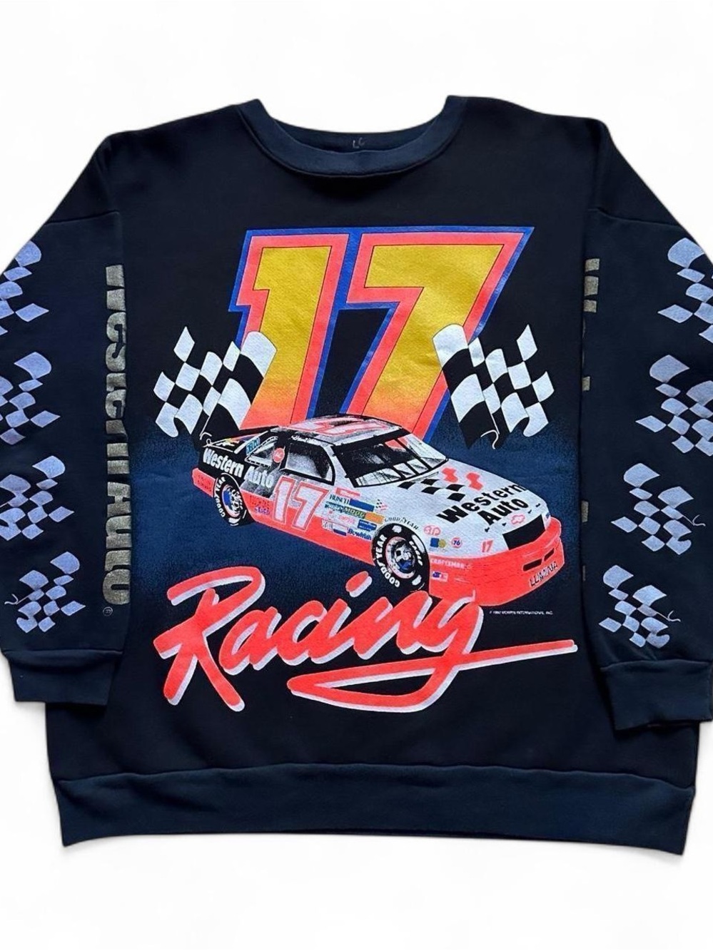Vintage 1990s Men's Black NASCAR Racing Graphic Sweatshirt Yellow-Red 17 Logo XL